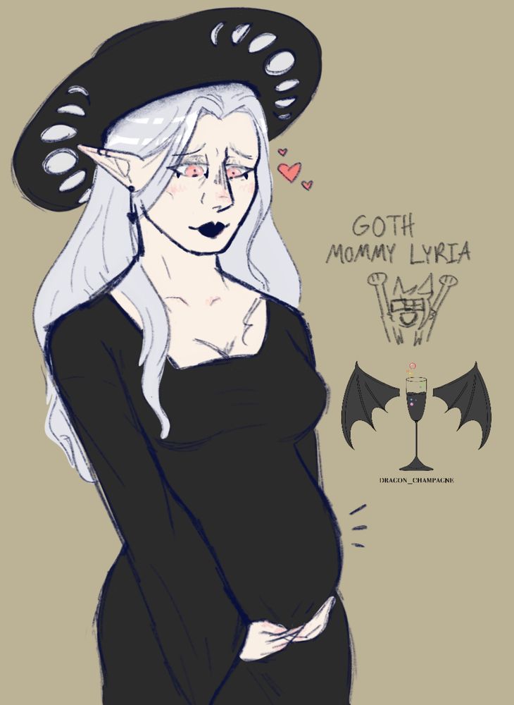 A thigh-up colored sketch of an albino elf lady. She has a small baby bump, and is dressed in a plain black square-neck, long-sleeved dress and a decorative sunhat. beside the main sketch is a tiny sketch of my fursona with her arms in the air & the caption "GOTH MOMMY LYRIA"