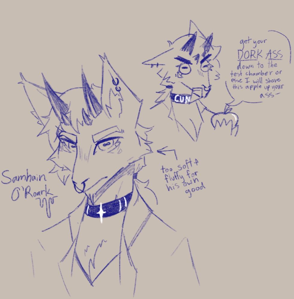Two digital sketches of an anthropomorphic goat/wolf/devil hybrid. His name is Samhain O'Roark. One sketch is a simple bust, while the other is a goofy simplified bust of him saying "Get your DORK ASS down to the test chamber or else I will shove this apple up your ass-" in reference to a Half-Life meme video. The character has the face of a goat, two sets of short horns, and wolf ears.