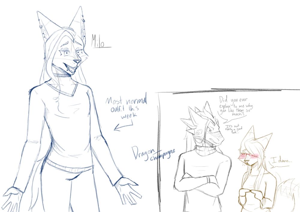 A digital sketch of a masculine-leaning nonbinary fox with long hair and piercings. They look kind of sleasy. They're wearing a v-neck sweater and simple pants. A small comic box accompanies it with two characters speaking. A taller, male dragon with a concerned expression asks "Did you ever explain to me why you like them so much? It's not really a good look..." The shorter fox character has a bashful blush and responds with "I dunno..."