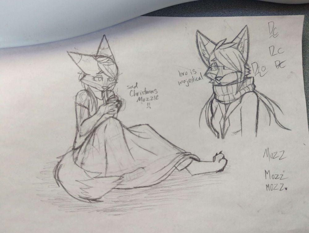 Two traditional sketches of a female anthropomorphic fox. One is of her sitting under a blanket with a mug of hot chocolate. The other is a chest-up of her in winter clothing. Both have a sad expression.