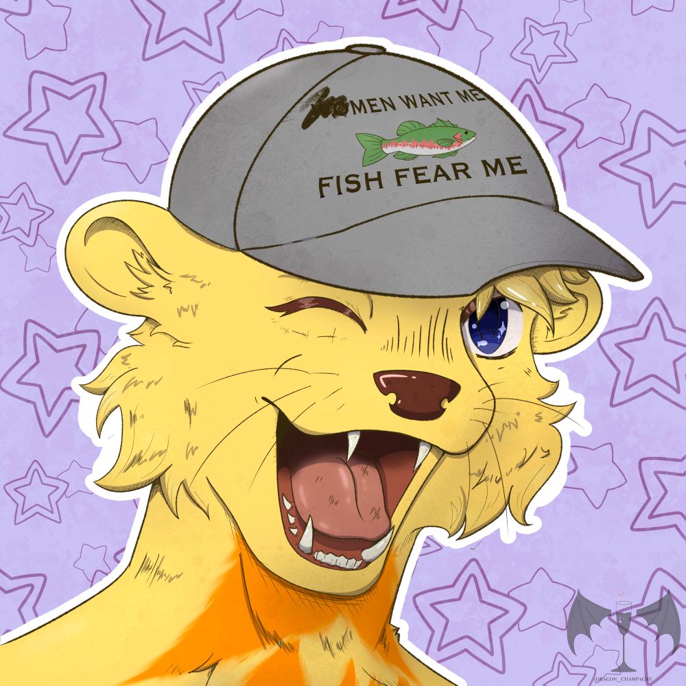 A piece of digital art featuring a yellow anthropomorphic otter character. The character is giving a wink and open-mouthed smile. He is wearing a hat that says “WOMEN WANT ME, FISH FEAR ME” with the “WO” in women scratched out.