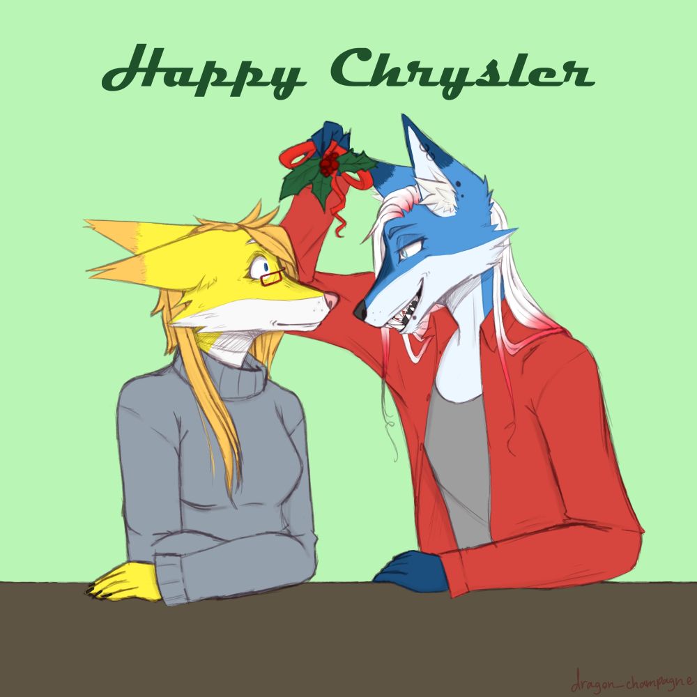 A colored sketch of two anthropomorphic foxes with one holding holly above their heads—mistaken for mistletoe. The more feminine fox is flustered while the masculine-leaning one has a sly expression.