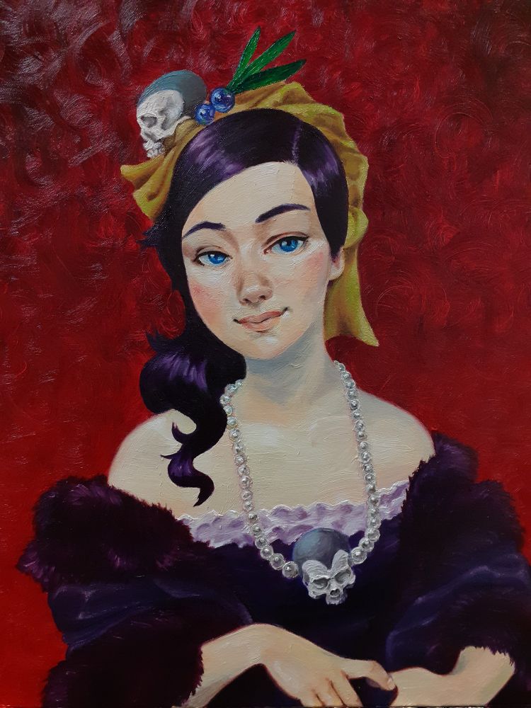 Oil painting of Zone-tan in the style of a royal portrait. Zone-tan is wearing a dark purple fur trimmed coat instead of her typical off-the-shoulder knitwear and has a yellowish wrap on the back of her head. She has swapped out her typical drill hair ponytail for looser curls and her decorative skull logos are now decorated, miniature skulls in the same positions