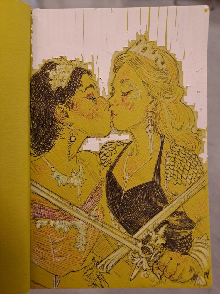Ballpoint pen doodle of Claire and Chompy dressed in princess attire and kissing, while holding crossed swords in front of themselves.