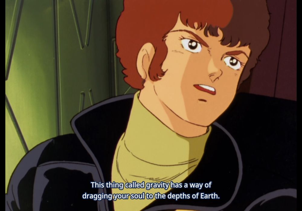 Screenshot from Zeta Gundam where Amuro says, “This thing called gravity has a way of dragging your soul to the depths of Earth.”