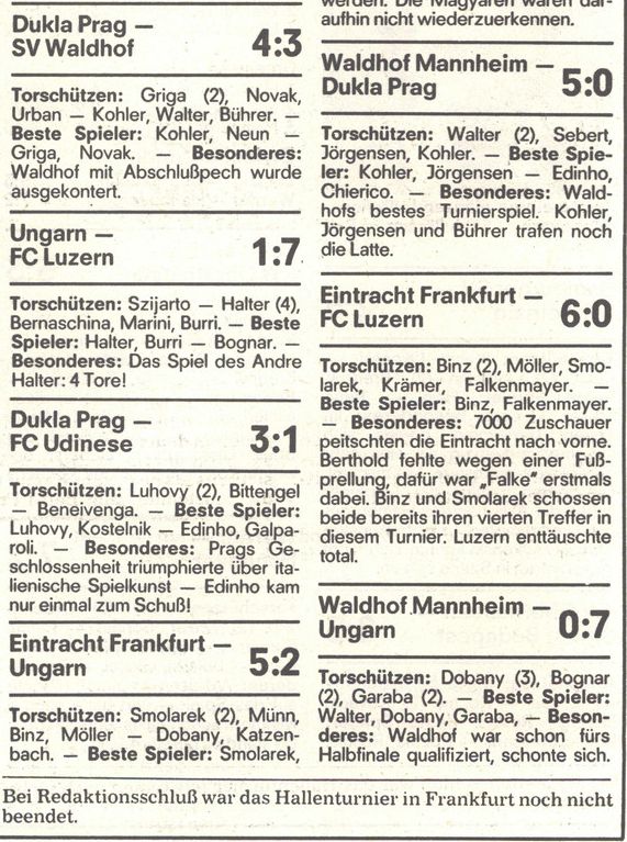 Weitere Ergebnisse: Prag - Mannheim 4:3, Ungarn - Luzern 1:7, Prag - Udinese 3:1, Frankfurt - Ungarn 5:2, Mannheim - Prag 5:0, Frankfurt - Luzern 6:0, Mannheim - Ungarn 0:7. Bei Redaktionsschluss war das Turnier noch nicht beendet.