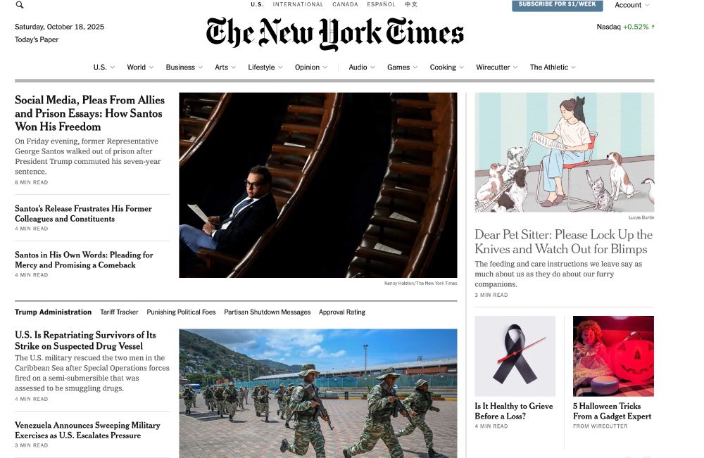 Screenshot of the NY Times home page showing the top 9 stories with no coverage of the protests. They are further down on the page.