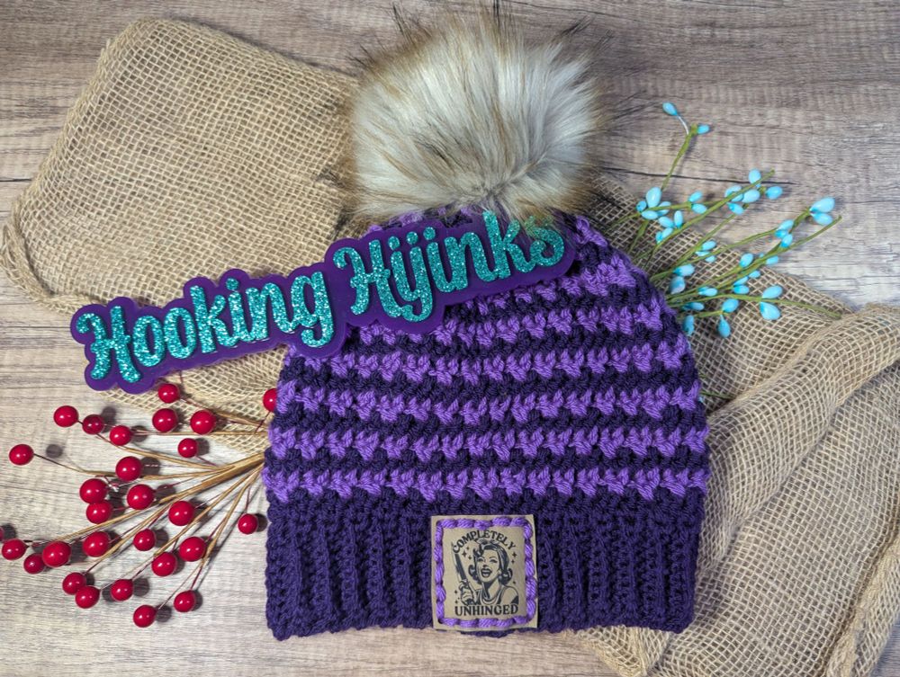 a picture of crocheted hat. it is in two shades of purple