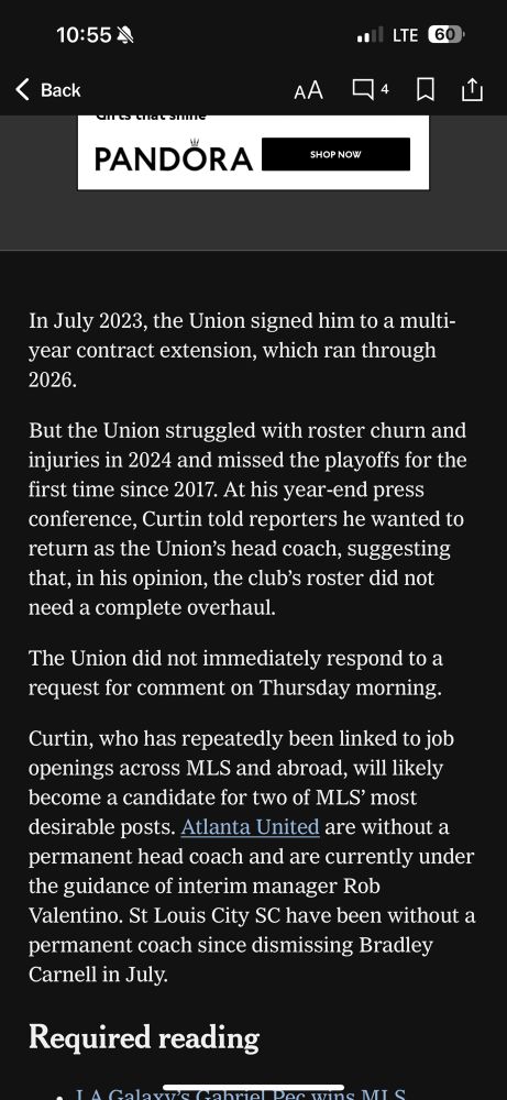 In July 2023, the Union signed him to a multi-year contract extension, which ran through 2026.

But the Union struggled with roster churn and injuries in 2024 and missed the playoffs for the first time since 2017. At his year-end press conference, Curtin told reporters he wanted to return as the Union’s head coach, suggesting that, in his opinion, the club’s roster did not need a complete overhaul.

The Union did not immediately respond to a request for comment on Thursday morning.

Curtin, who has repeatedly been linked to job openings across MLS and abroad, will likely become a candidate for two of MLS’ most desirable posts. Atlanta United are without a permanent head coach and are currently under the guidance of interim manager Rob Valentino. St Louis City SC have been without a permanent coach since dismissing Bradley Carnell in July.
