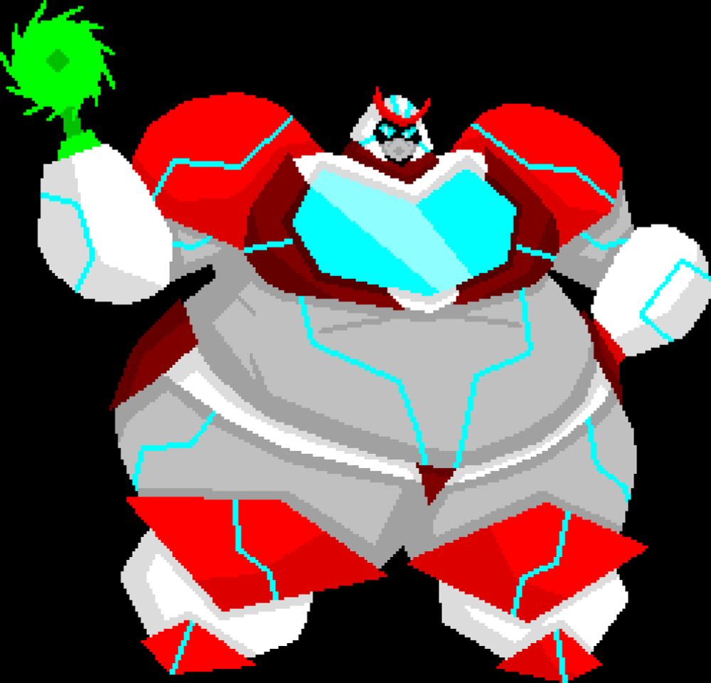 Redesign of Transformers character Ratchet into a larger robot woman, with gray skin, white and red armor, and blue lines across her body. She has large shoulder and knee pads, a window chest, a large belly and thighs, and a green buzzsaw in place of her right hand.