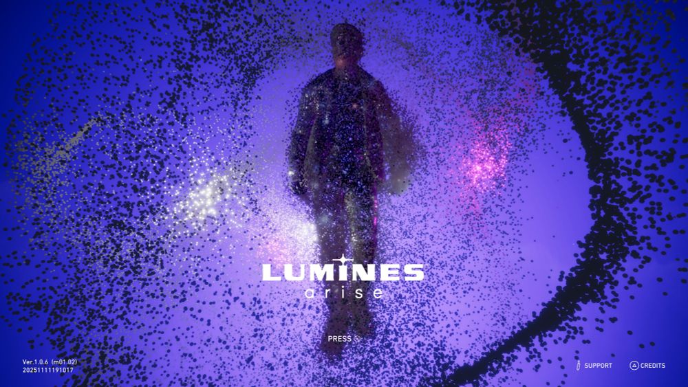 The title screen of Lumines Arise, depicting a person's silhouette formed out of colorful particles