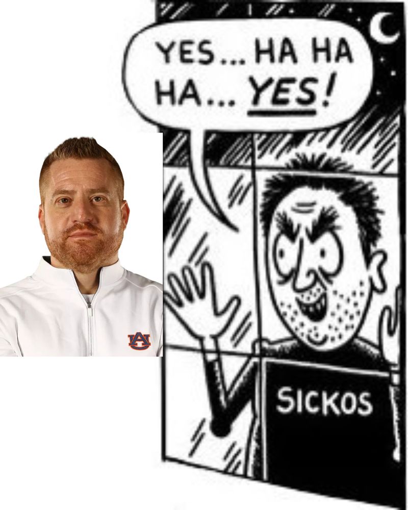 Sickos meme looking at a picture of new Auburn Football Head Coach Alex Golesh in a white Auburn zip up 