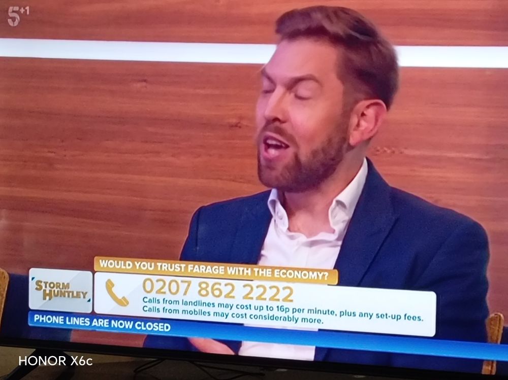 Caption of a white guy, don't know his name but with an orange box saying would you trust Farage with the economy 