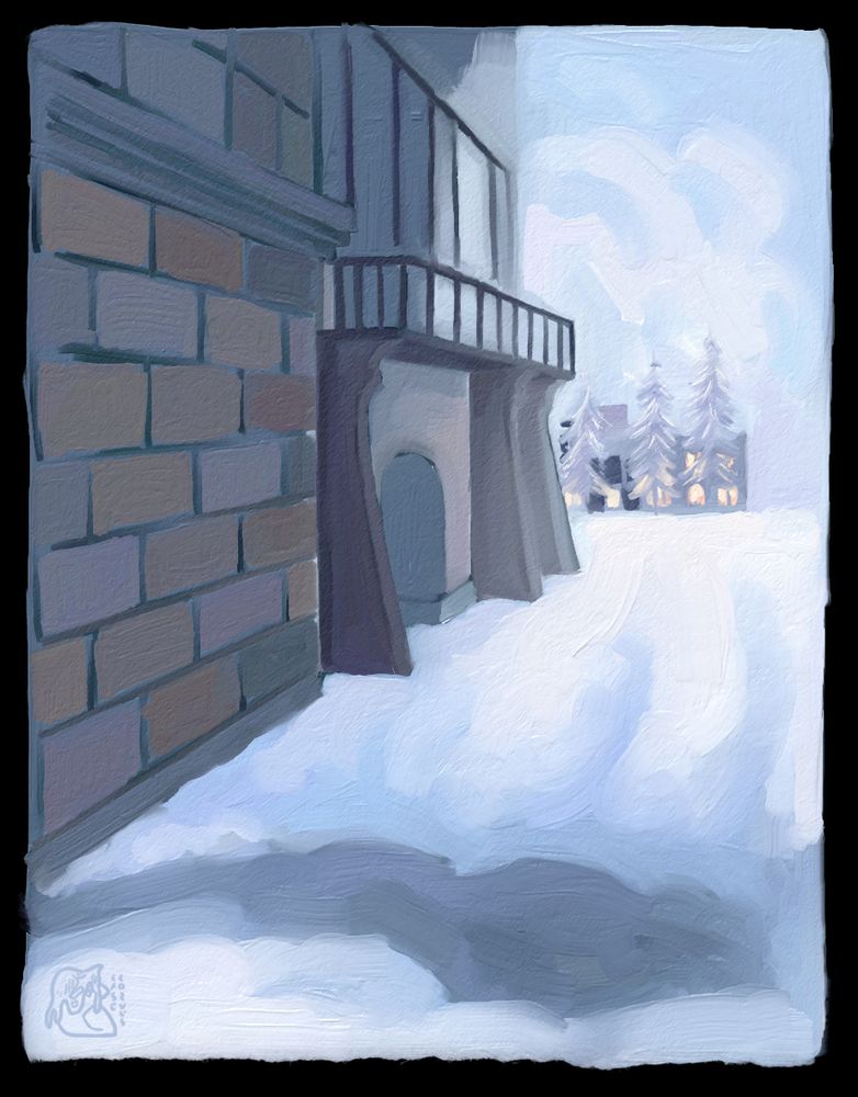 A digital painting of the side of a building set during the winter seasons. A lump of shadow lies within the snow, where a table and chair was meant to be painted.
