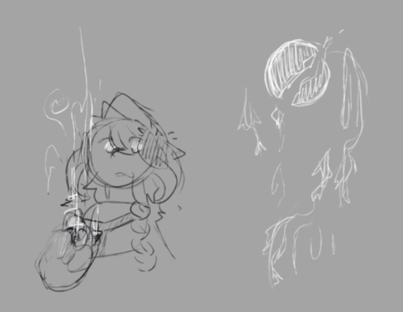 An uncoloured sketch of a character named Hymn, who looks up in awe at the stardust that drifts from xyr paw, forming fish-like symbols around the shattered moon.