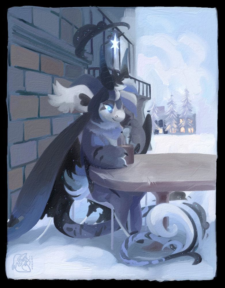 A digital painting of a bagbean, who sits by a table full of scratches and dents while holding a cup of a warm drink. Their tail curls under and around their chair and table, while a scarf is wrapped around their neck to keep warm from the surrounding snow.