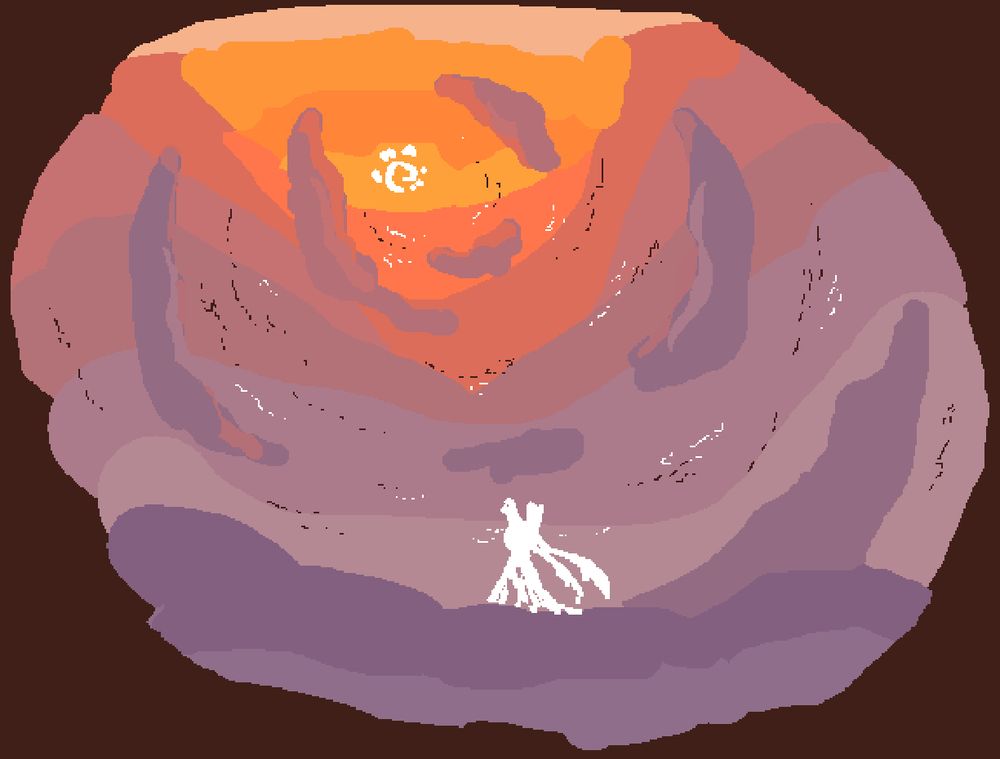 A coloured lineless pixelart of void within the sky, sitting on top of the clouds as they swirl around like a frame to sunrise.