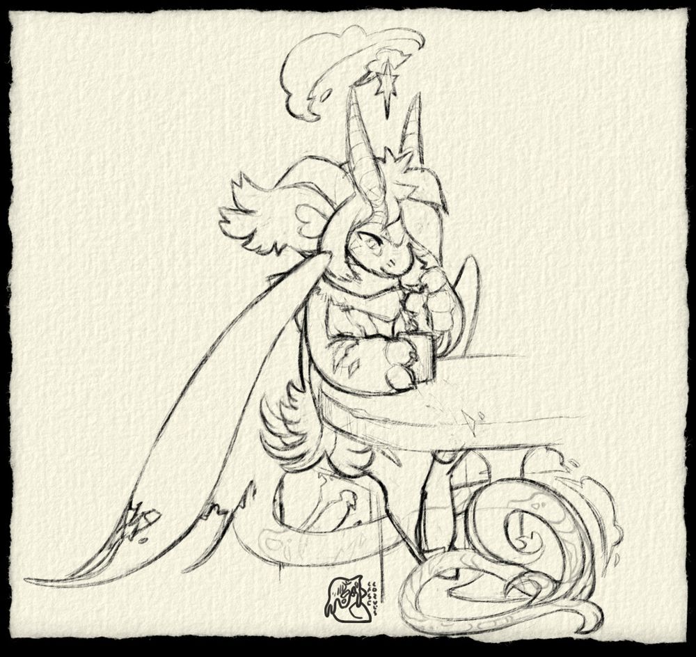 A sketch of a bagbean, who sits by a table full of scratches and dents while holding a cup of a warm drink. Their tail curls under and around their chair and table, while a scarf is wrapped around their neck.