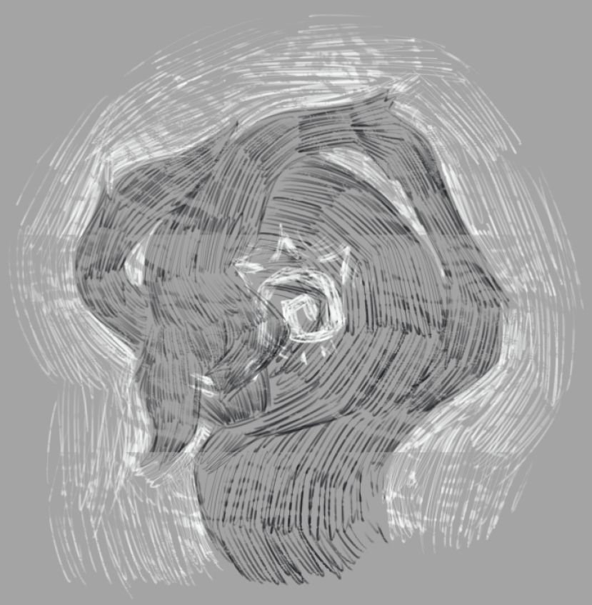 A shaded sketch of a character named Leihotet, who curls around like a dark shadow around Dayflower's symbol of the sun.