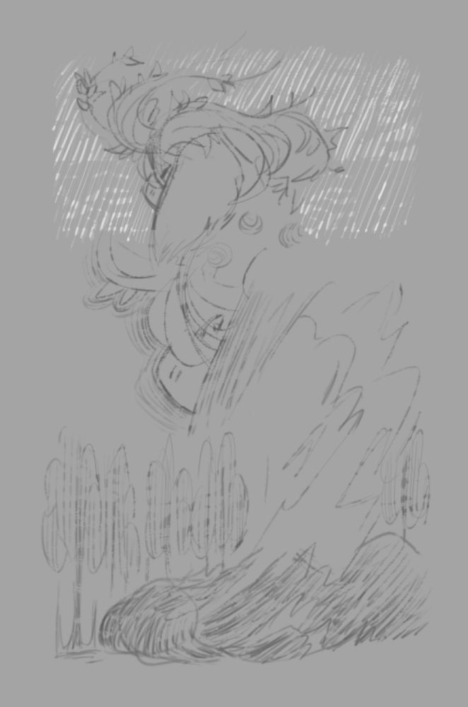 An uncoloured sketch of a character named Dayflower, who looks to a past turned to cinders with longing and regret.