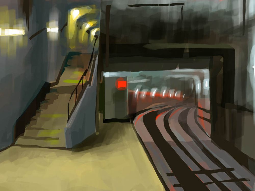 Digital painting of underground subway with neutral colors and yellow and orange highlight colors