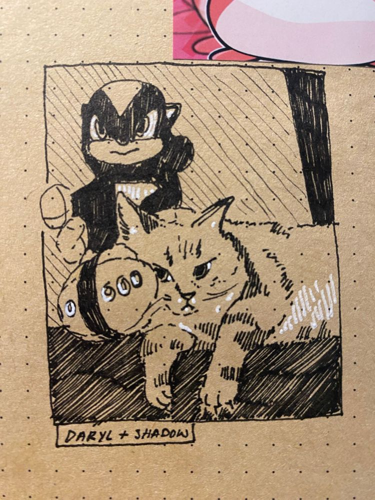 Pen sketch of Daryl and Shadow on Kraft paper
