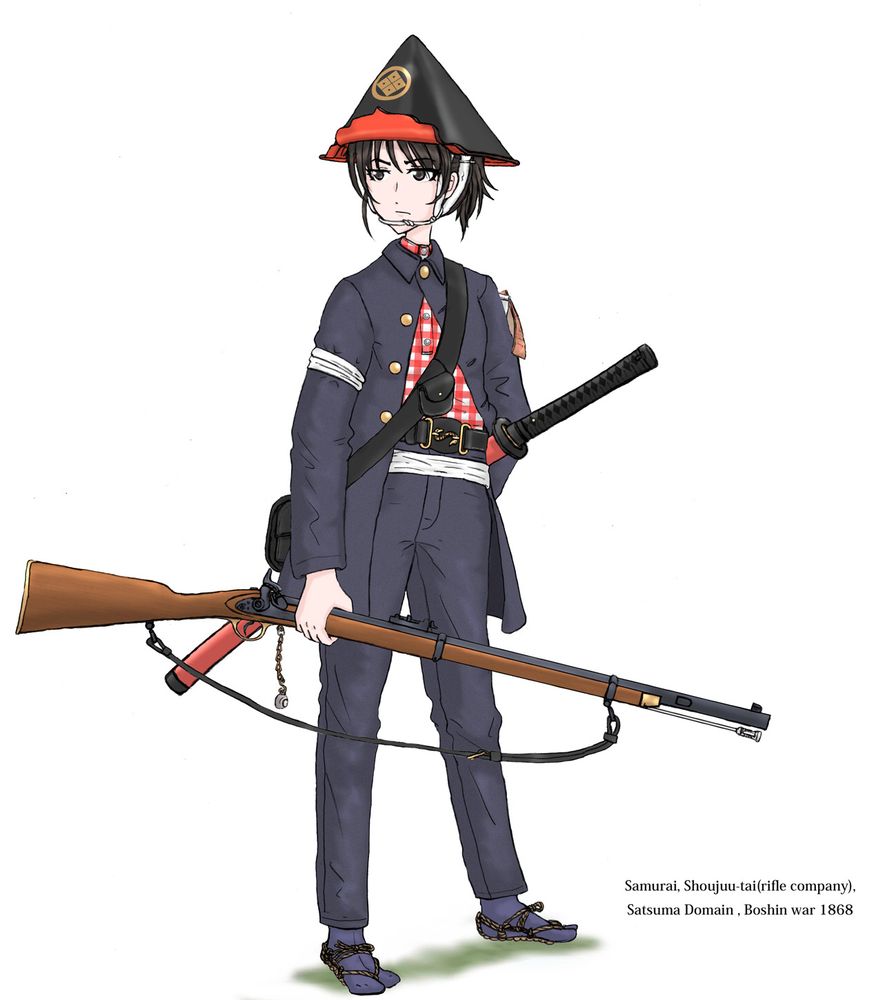 眉庇の反り返った表黒裏朱正面金紋の半首笠
濃紺マンテルにチェック柄のシャツ
英式胴乱に同英式スネークバックルベルト
白い上締めに薬丸自顕流薩摩拵一本差し
足元は足袋に草鞋ばき
銃はエンフィールドP1860ショートライフル