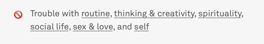 A screenshot from the astrology app Costar, showing “trouble” in all the areas the app addresses: routine, thinking and creativity, spirituality, social life, sex and love, and self 