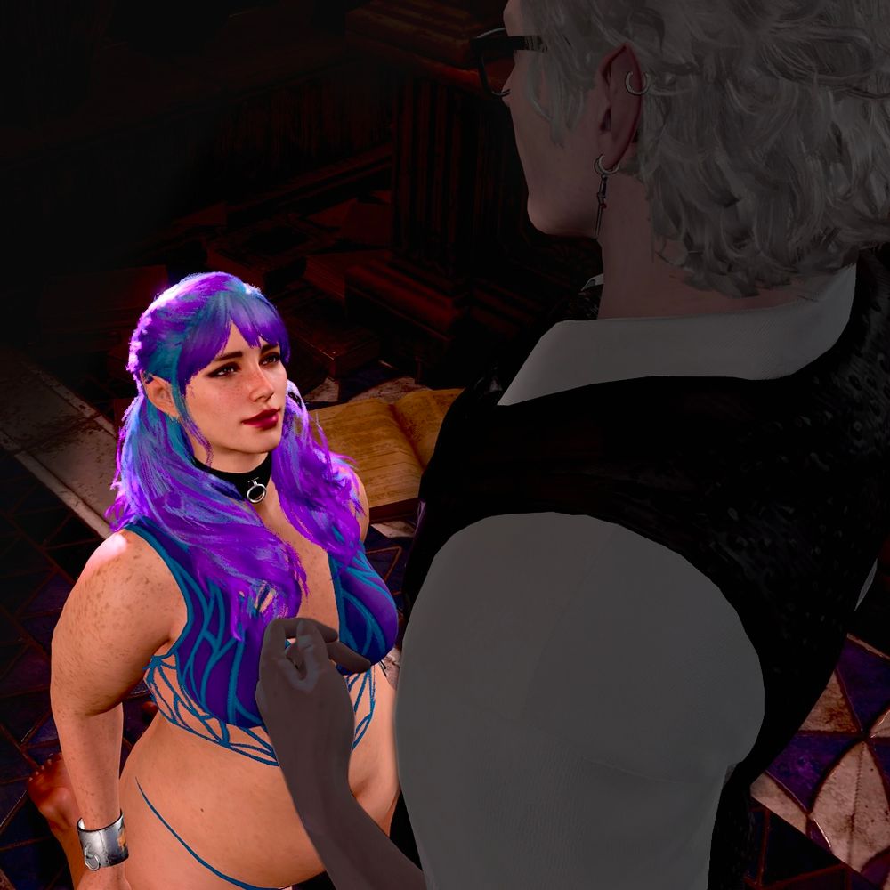 Rosalind on her knees looking up lovingly at Astarion, who looms over her in shadow. She's in her underwear and wearing a collar and cuffs on her wrists.