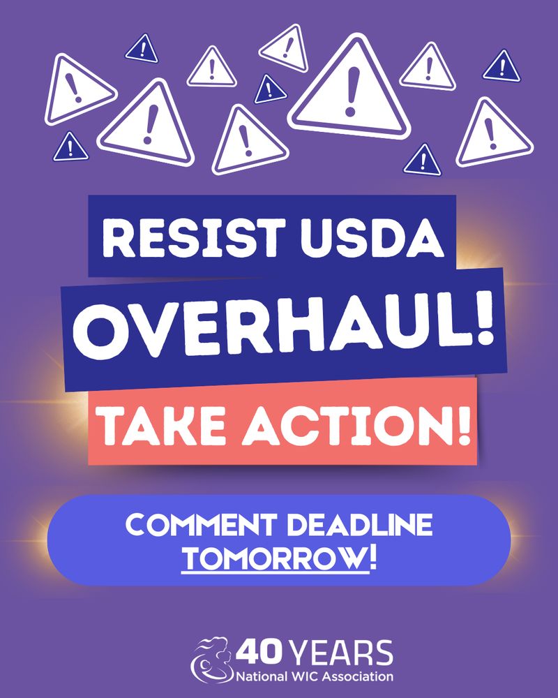 A purple graphic with exclamation points in triangles on the top that reads Resist USDA Overhaul, TAKE ACTION, Comment deadline TOMORROW!