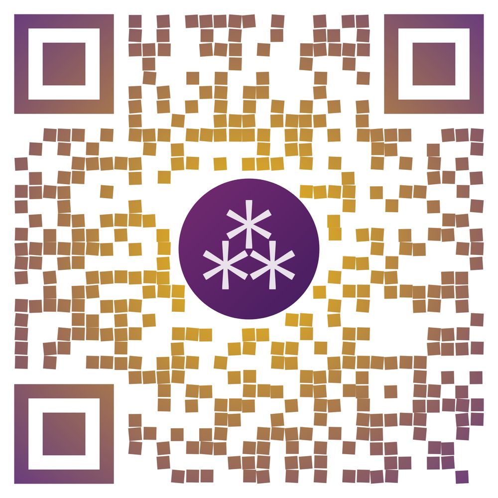 A QR code with the asterism fediverse symbol on a purple gradient circle in the middle. The data blocks are colored in a purple-yellow radial gradient, looking warm and vaguely sunset-like. The data blocks consist of individual mosaic-like tiles instead of contiguous shapes.