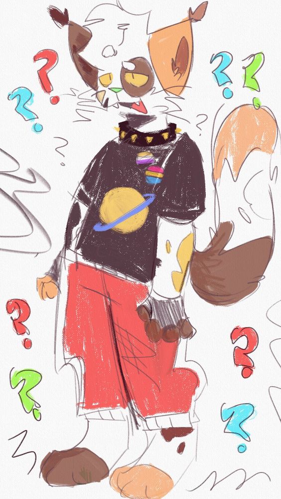 Desenho da jiru em pé, com vários pontos de interrogação coloridos em volta