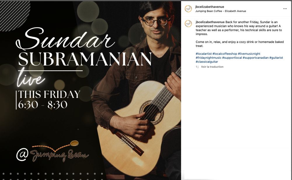 Sundar Subramanian live this Friday 6:30-8:30 Jumping Bean

Comments from the Jumping Bean's Instagram account: "Back for another Friday, Sundar is an experienced musician who knows his way around a guitar! A teacher as well as a performer, his technical skills are sure to impress. Come on in, relax and enjoy a cozy drink or homemade baked treat."