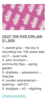  CKUT top 5, Jan 21, 2025. 1. planet giza - the sky is recording me: 100 years later volume 2; 2. john morrison - community flips. 3. shabaka - possession. 4. sundar subramanian - opening. 5. lexiglass - self-titled