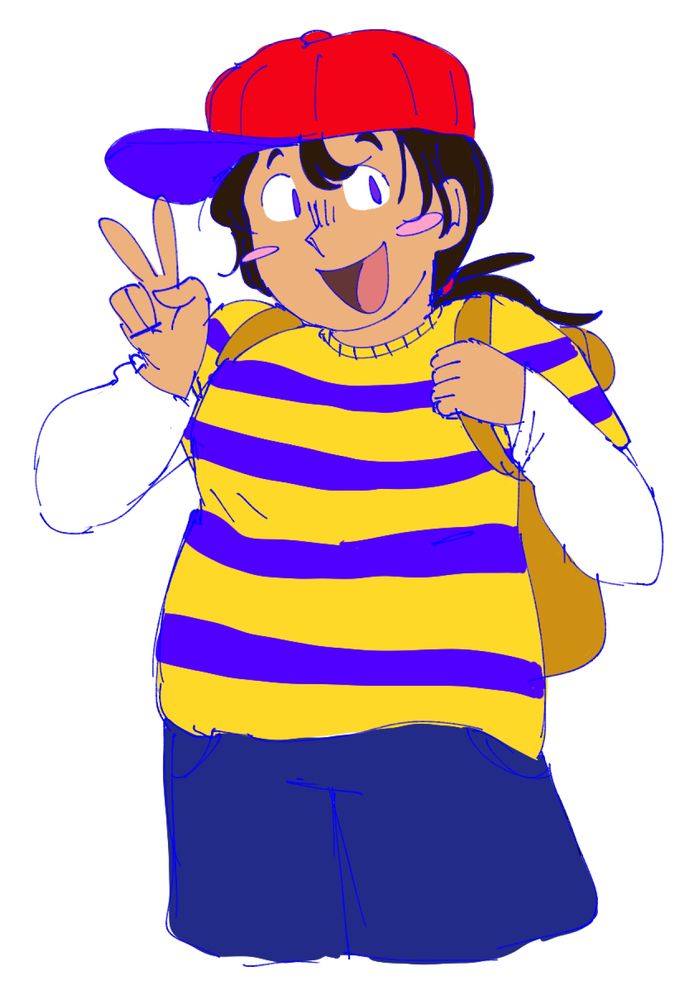 A drawing of a female version of Ness from Earthbound. She is smiling and making a peace sign with her hand.