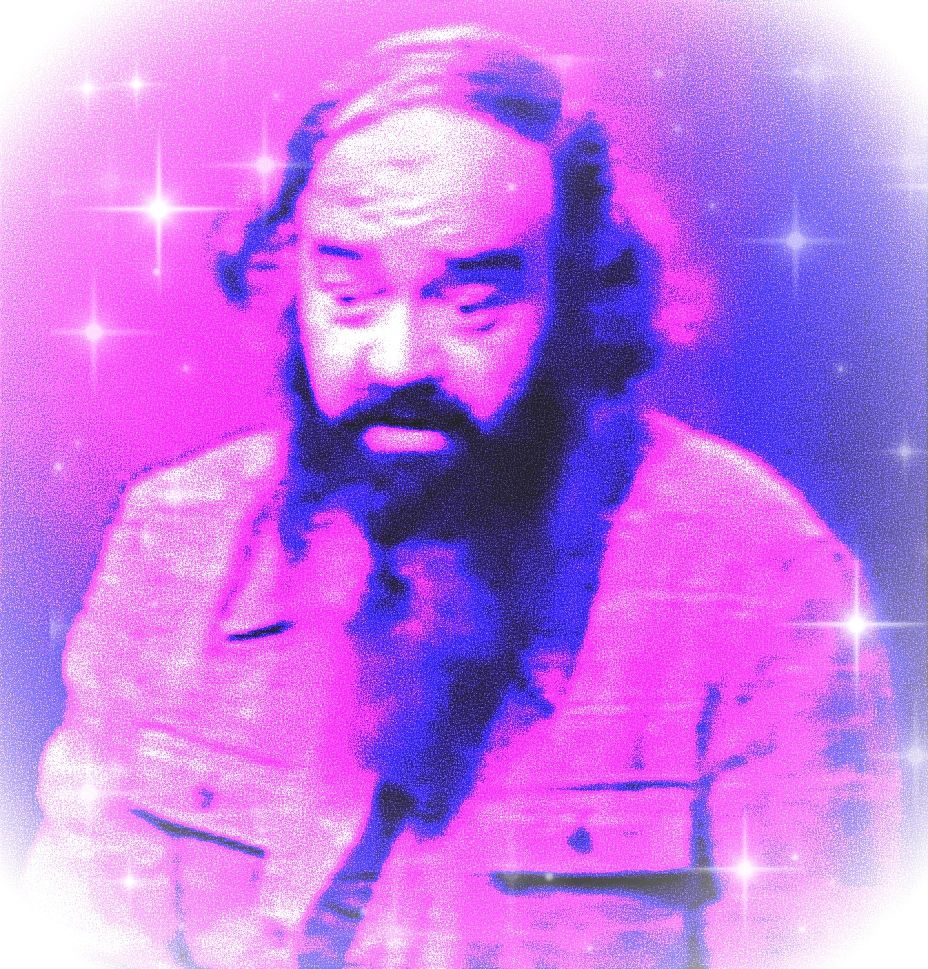 Stafford Beer with a surprised look on his face, pink colour tint filter and glitter.