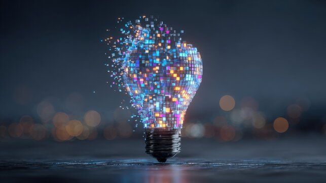 A colorful light bulb composed of pixels is bursting with vibrant colors against a dark background.
