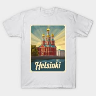 A vibrant representation of Helsinkis stunning building featuring golden domes against a radiant sky. The structure reflects rich cultural T-Shirt