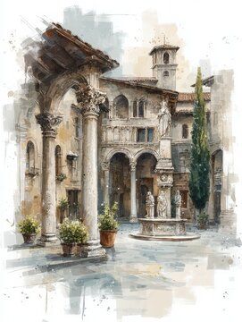 A picturesque courtyard features elegant columns and a central fountain adorned with statues. Lush greenery adds vibrancy to the serene atmosphere of an ancient town square.