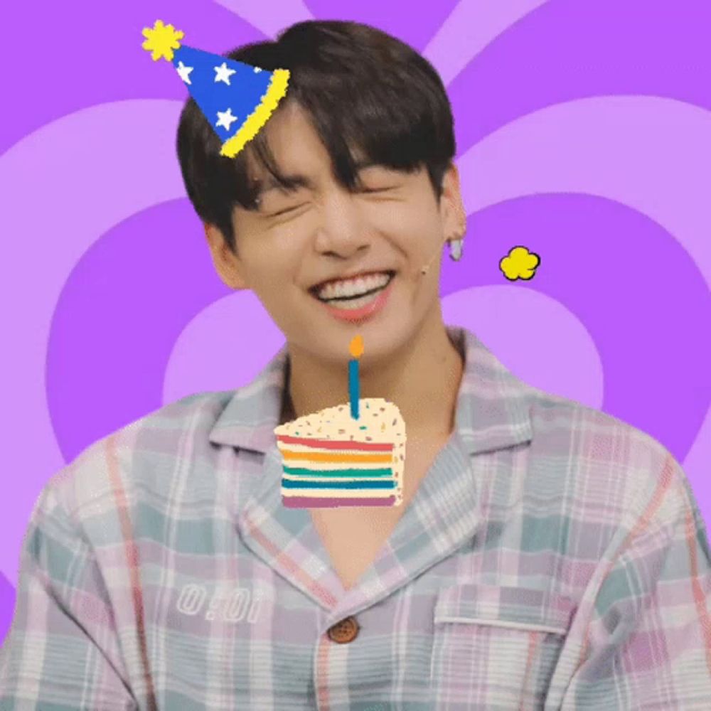 a young man wearing a party hat holds a slice of birthday cake in his mouth and says happy birthday