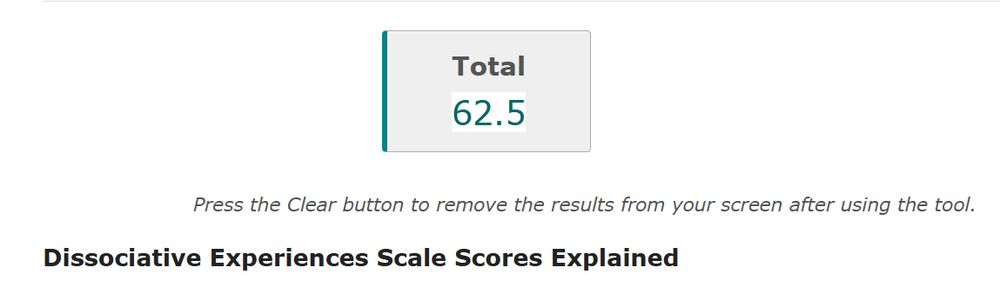 Picture of my Dissociative Experiences Scale Score. I got a 62.5 which puts me well into the Dissociative Identity Disorder catagory.