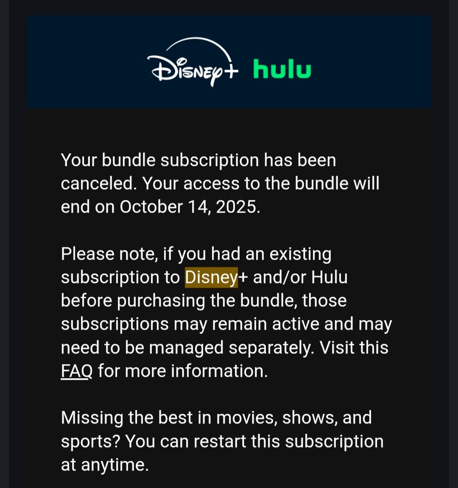 Verification of cancelled Disney+ subscription. 