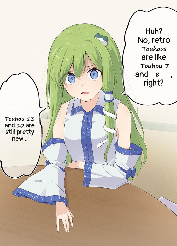 sanae touhou sitting at a table with a worried expression meme "Huh? No, retro Touhous are like Touhou 7 and 8, right? Touhou 13 and 12 are still pretty new..."