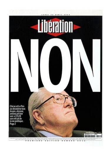 An old cover of the French newspaper Libération showing a photo of Jean-Marie Le Pen and the word NON above it