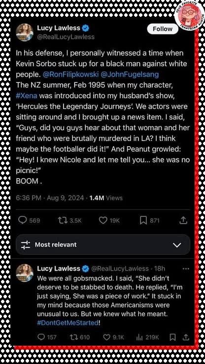 SCREENSHOTS FROM THE OLD, PLACE: @RealLucyLawless In his defense, I personally witnessed a time when Kevin Sorbo stuck up for a black man against white people. @RonFilipkowski @JohnFugelsang The NZ summer, Feb 1995 when my character, #Xena was introduced into my husband's show, 'Hercules the Legendary Journeys: We actors were sitting around and I brought up a news item. I said 