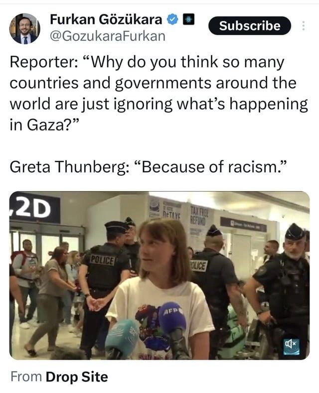 Reporter: "Why do you think so many countries and governments around the world are just ignoring what's happening in Gaza?"
Greta Thunberg: "Because of racism 