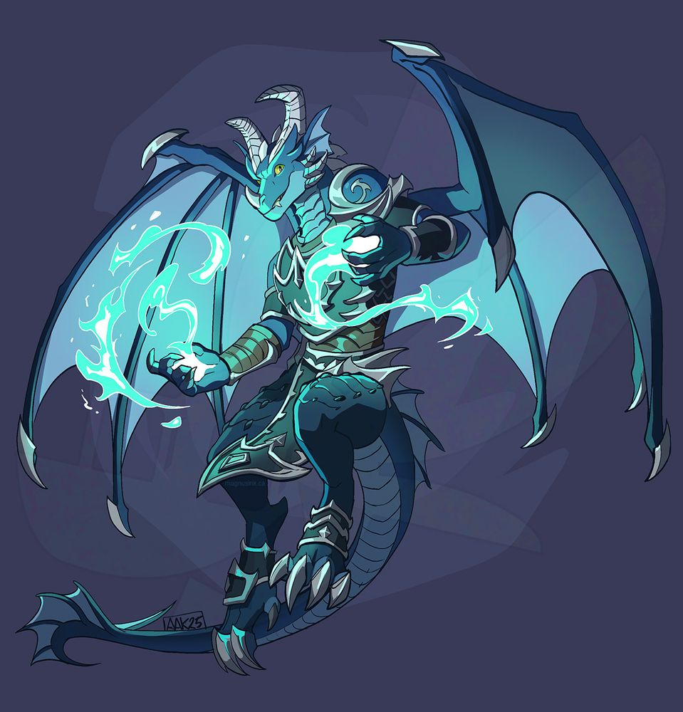 A blue dracthyr character, an anthropomorphic dragon, from World of Warcraft. The dracthyr is casting icy magic while hovering in the air.