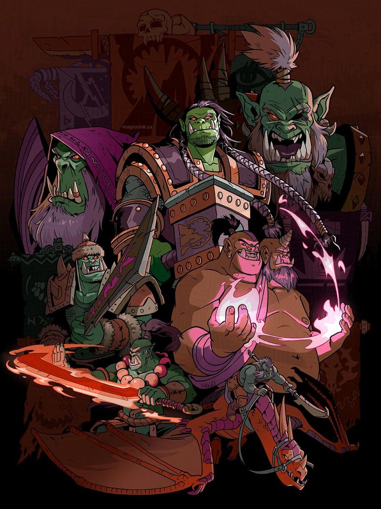 Seven half-figures of orc and ogre characters from the video game Warcraft 2: Tides of Darkness arranged in a vertical poster composition. From left to right across the top is Gul'dan cloaked in a purple hood, Ogrim Doomhammer with billowing twin braids and wielding a powerful hammer, and Kilrogg Deadeye with a topknot of hair and roaring at the viewer. From left to right across the center is Rend Blackhand brandishing a polearm weapon at the viewer, and the tow-headed ogre Cho'gall conjuring a spell between his hands. From left to right across the bottom is a Burning Blade clan orc with a flaming sword, and a Dragonmaw clan orc riding a red drake. Behind each character are partially obscured banners from various orcish clans.