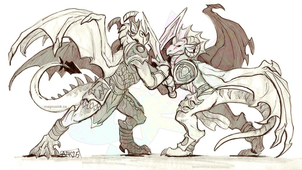 A drawing of two draconic humanoids from World of Warcraft, called dracthyr, locked sword-to-sword in battle. The dracthyr on the left has bolt-shaped horns and a dark spade tipped tail. They are wearing chainmail armor and shoulder guards. The dracthyr on the right has curled ram-like horns and a tall fin down the length of their head. Their armor includes a shoulderguard and plates layered down their thighs.