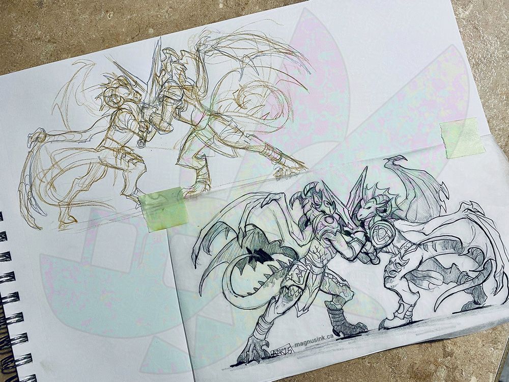 Sketch process drawings of two draconic humanoids from World of Warcraft, called dracthyr, locked sword-to-sword in battle. The first sketch is in colour pencil and graphite. Below is a cleaned up drawing in ink on taped tracing paper.